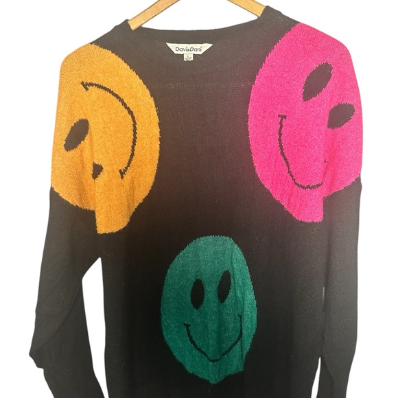 DAVI & DANI Sweaters - Davi & Dani Black Sweater with Colorful Smiley Faces L